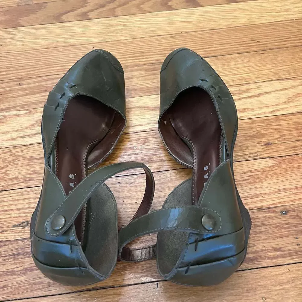Novacas Vegan Olive Green Low Wedge Ankle Strap Mary Jane Shoes